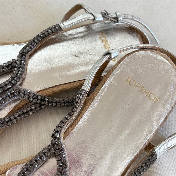 TopShop Jeweled Espadrille Sandals 7 Ankle Wrap Flats Silver Gray Embellished - Picture 4 of 5